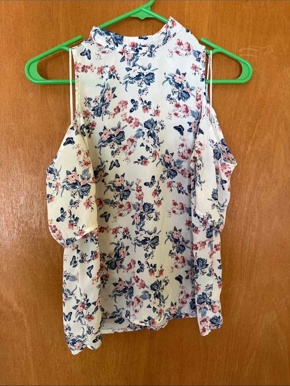 Cold-Shoulder Floral Blouse in Cream with Pink & Blue Accents